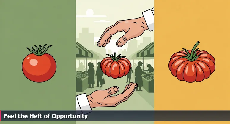A chef's hands at a sunny Orange County farmer's market, carefully holding two heirloom tomatoes to symbolize choosing between bootcamp options based on quality and fit.