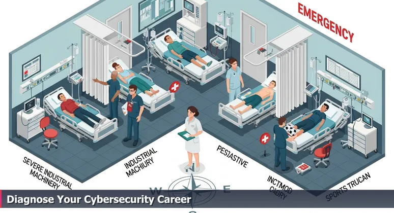 A triage nurse in a busy emergency room assessing patients, symbolizing the need to specialize in cybersecurity for different Orange County industries like tech and healthcare.