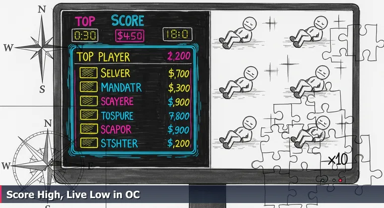 A gaming monitor displays a high tech salary score on a leaderboard, with a character respawning in a sparse Orange County map, symbolizing the cost of living challenge.