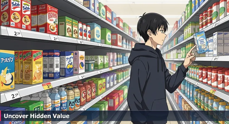 A person in a grocery aisle comparing an expensive tech bootcamp ad to a simple library card, representing the hidden value of free public tech education in Orange County.