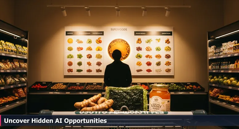 A shopper in an Orange County grocery store examines a 'Top 10 Superfoods' chart, with a cart holding unique ingredients like turmeric and honey, symbolizing hidden AI career opportunities.