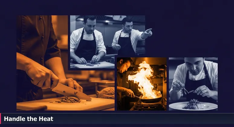 Bustling kitchen with focused cooks during dinner rush, representing urgent tech hiring in Orange County based on skills.