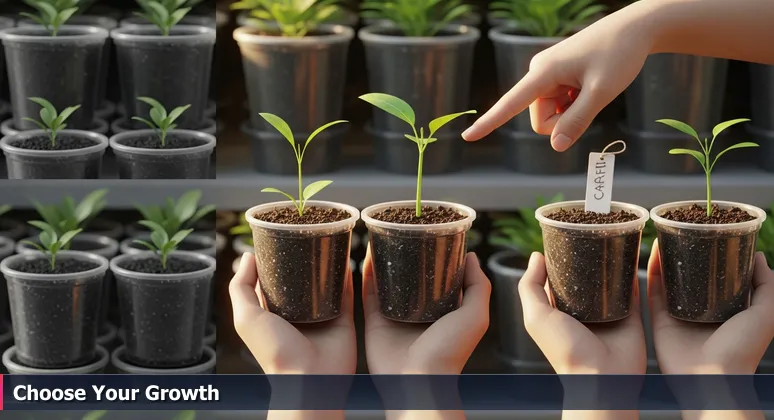 Hands comparing seedling kits with different soil and care tags, metaphor for selecting the best tech startups for junior developers in Orange County, CA.