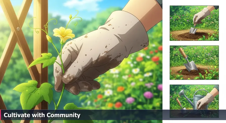 A gardener's hand guiding a green vine onto a wooden trellis, symbolizing support for women in tech careers in Orange County's lush professional landscape.