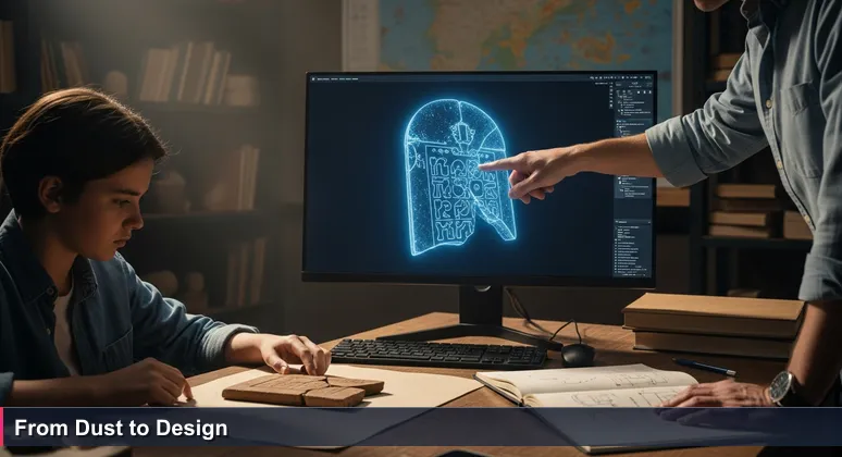 Archaeology lab scene with a broken clay fragment and a 3D scan of the complete artifact, symbolizing the journey from fragmented AI skills to mastery in Israel's tech scene.