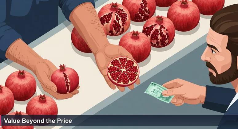 Close-up of a vendor's hand holding a ripe pomegranate and a buyer's hand holding a shekel note at Machane Yehuda market in Tel Aviv, symbolizing tech salary negotiation.
