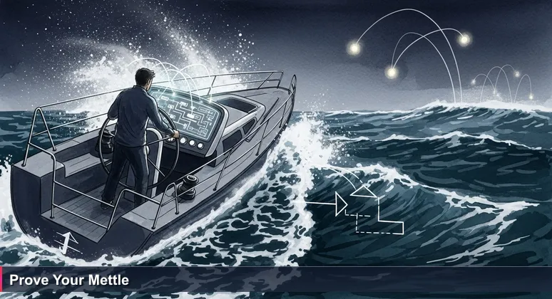 A sailor steering a racing yacht at night with a glowing instrument panel, symbolizing the intense and resilient tech career journey in Israel's high-stakes environment.