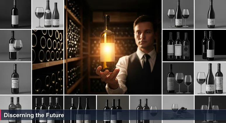 A sommelier in a dimly lit wine cellar holding a bottle up to the light, with rows of bottles in the background, symbolizing the selection of top AI startups in Israel.