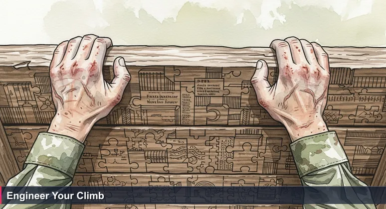 Close-up of a soldier's chalk-covered hands gripping the top of a wooden obstacle wall, representing the climb to overcome tech training costs in Israel.