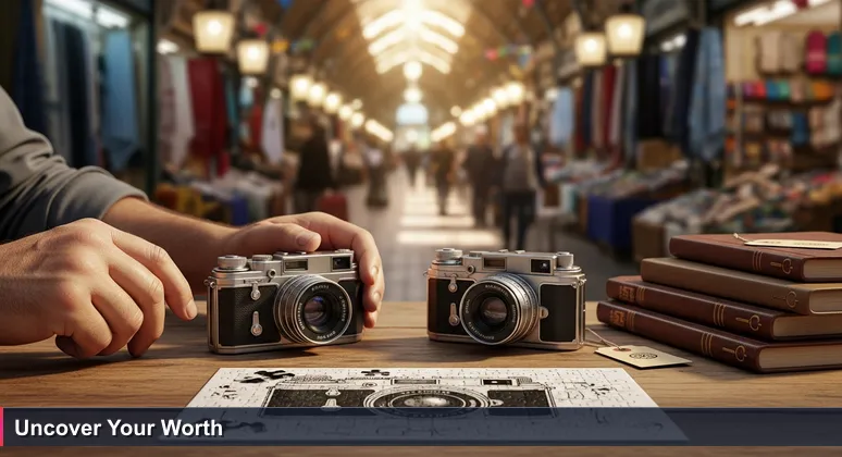 A bustling Israeli flea market scene with two antique cameras on a vendor's table, one with detailed engravings and a higher price tag, symbolizing hidden value in AI careers.