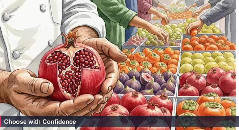 A chef's hand selecting a ripe pomegranate from a crowded fruit stall in Carmel Market, Tel Aviv, symbolizing strategic career choices in Israel's AI job market.