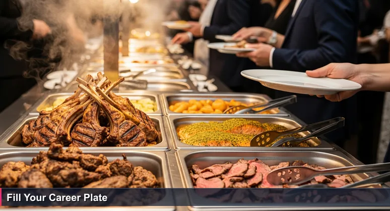 Indecisive person at a Tel Aviv wedding buffet with an empty plate, steam rising from food, symbolizing tech career choices in Israel.