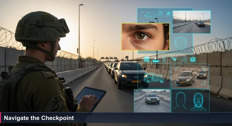 A soldier at an Israeli checkpoint using a tablet with data analytics, symbolizing how tech bootcamps filter candidates into high-demand career lanes.
