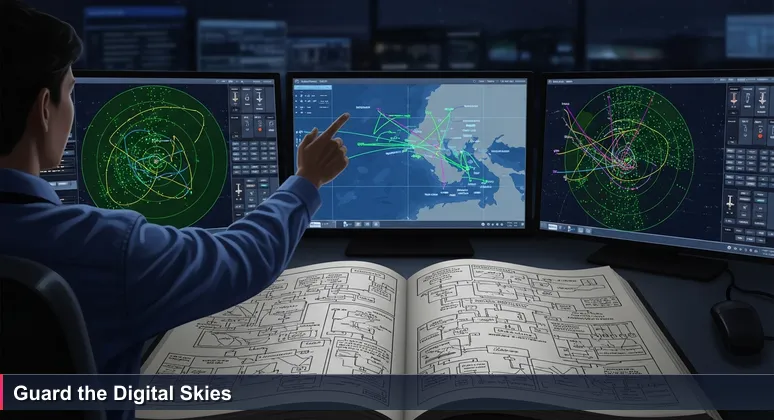 A cybersecurity professional in a dark control room monitors radar screens with glowing green blips over a map of Israel, symbolizing threat detection and digital defense.