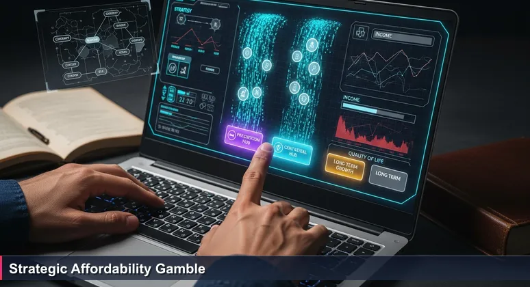 Hands on a glowing gaming laptop showing a strategy game with abundant income tokens but a depleted quality-of-life bar, symbolizing the tech salary and living cost balance in Israel.