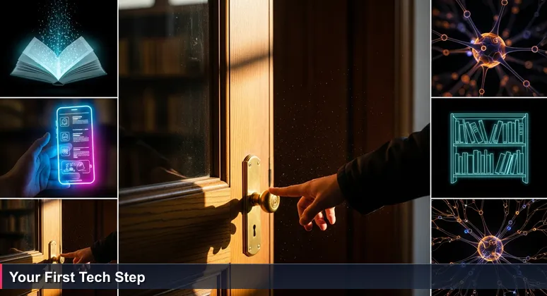 A hand reaching towards the handle of a weathered library door, with sunlight streaming across the threshold and a smartphone screen reflected in the glass.