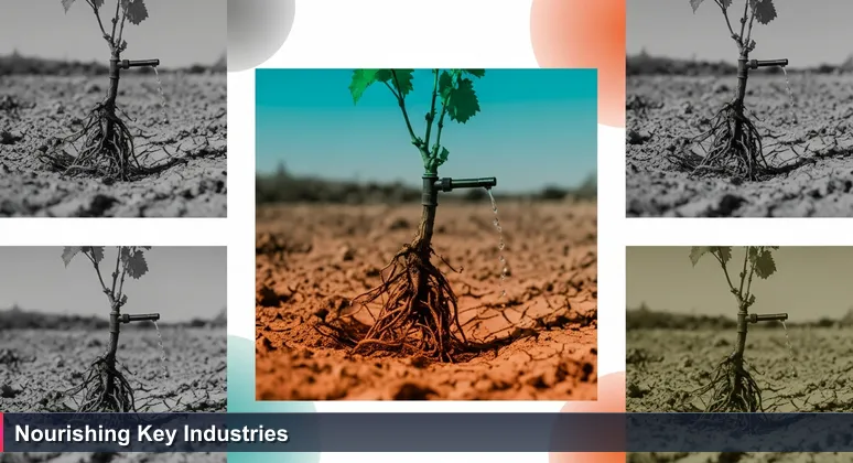 Close-up of dry Negev desert soil with a drip irrigation system watering vine roots, symbolizing AI talent nurturing Israel's key industries.