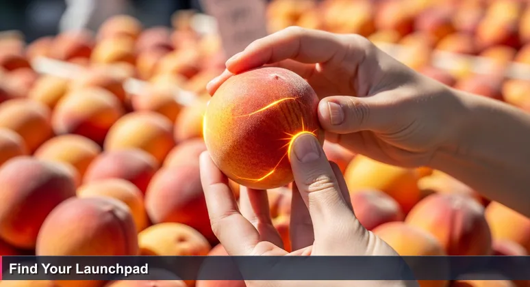 Close-up of hands carefully selecting ripe peaches at a bustling Tel Aviv shuk market, symbolizing the search for the perfect startup job opportunity in Israel.