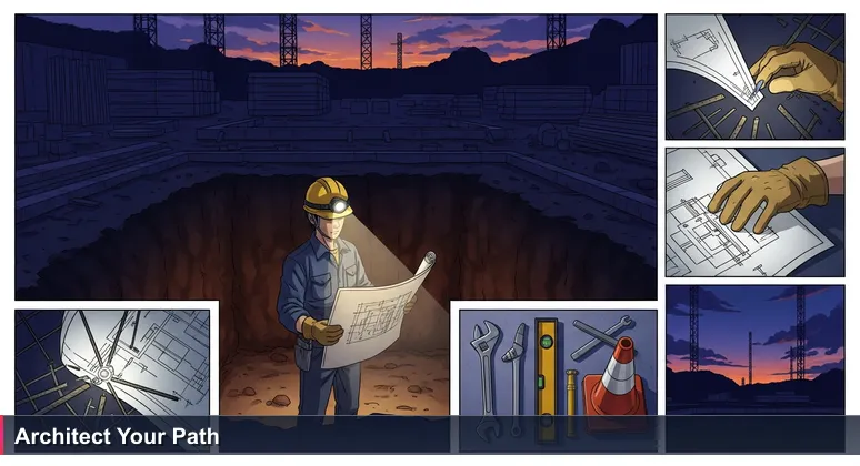 Construction worker in hard hat at dusk in foundation pit, holding blueprint with one section illuminated by headlamp, symbolizing building tech careers for women in Israel.