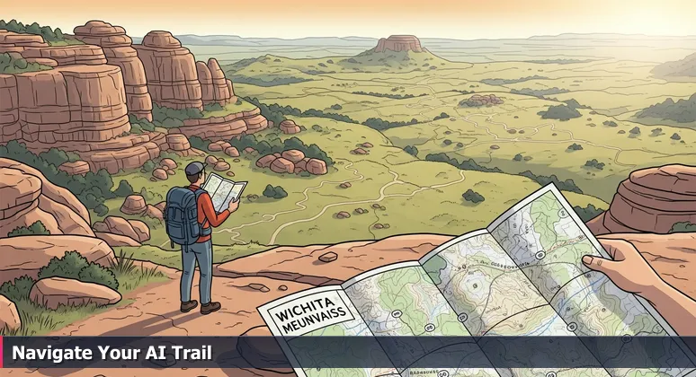 A hiker at a trailhead in the Wichita Mountains near Oklahoma City, holding a topographic map and looking at the trails ahead, symbolizing the start of an AI career journey.