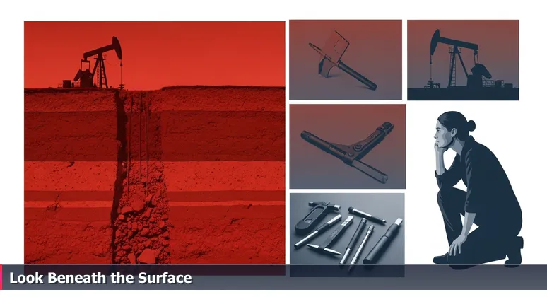 A real estate appraiser kneels in red Oklahoma clay, examining soil with tools, symbolizing deep evaluation of tech job values in Oklahoma City.