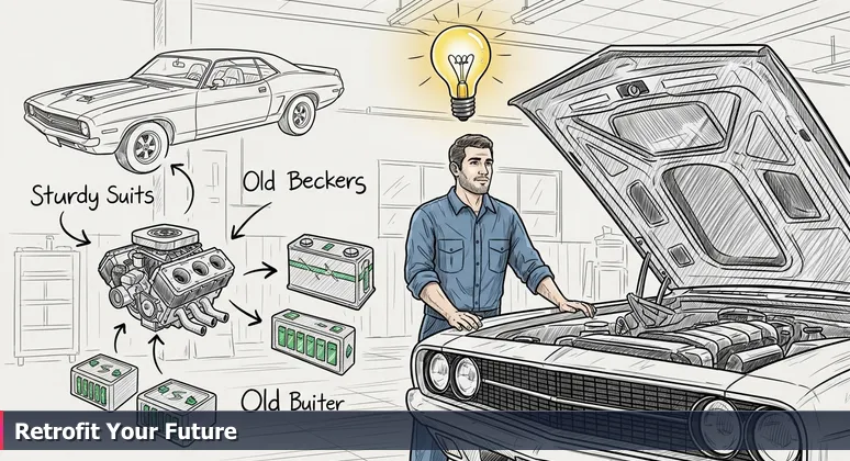 A mechanic retrofitting a classic car with an electric powertrain, symbolizing Oklahoma City's integration of modern tech like AI and aerospace into its affordable, robust economy.
