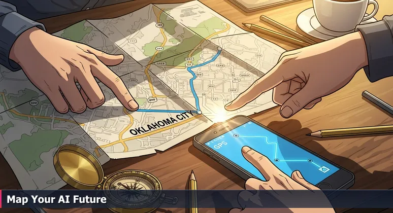 Hands holding a paper map of downtown Oklahoma City with a smartphone showing a GPS route, symbolizing the journey to AI engineering.