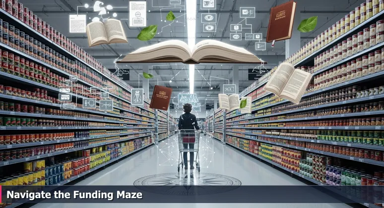 A person overwhelmed in a supermarket aisle with shelves of cans labeled as tech training funding options, representing choice paralysis in Oklahoma City.
