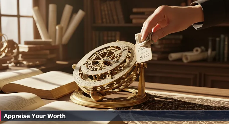 A hand brushing dust off a faded price tag on a brass theodolite in an Oklahoma City antique shop, symbolizing undervalued AI talent in the local market.