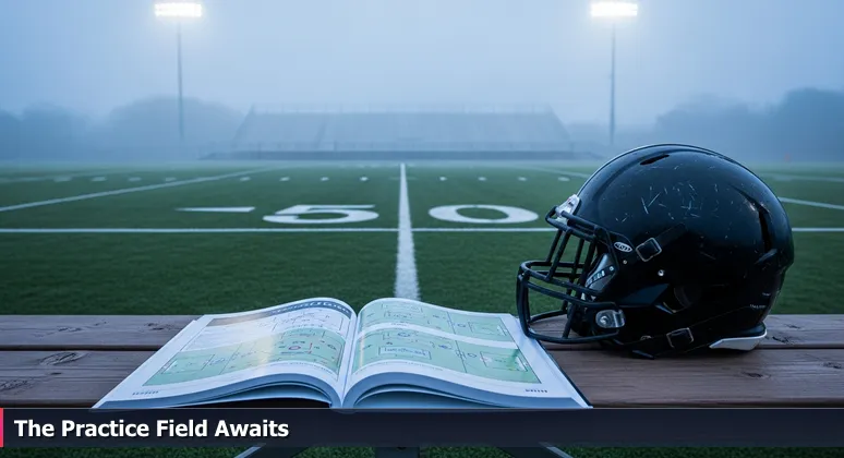 A dawn view of an empty football practice field with dewy grass, white lines, a helmet on a bench, and stadium lights in the distance