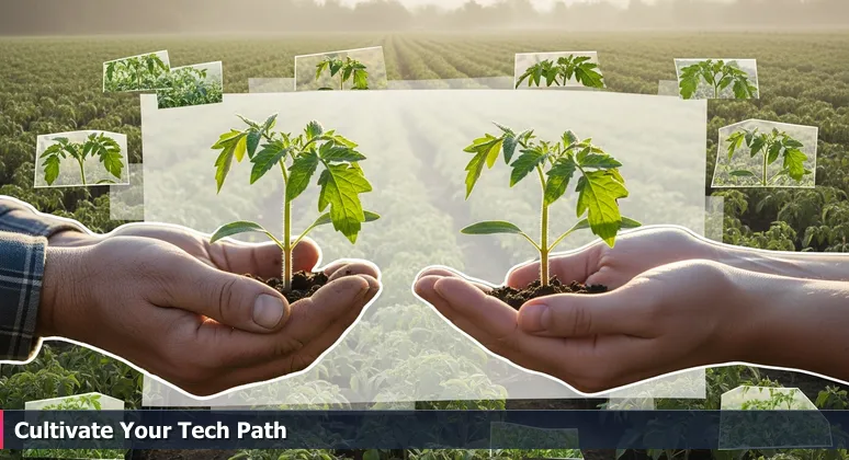 Close-up of hands holding two young plants in an Oklahoma City nursery, symbolizing the choice between tech career paths.
