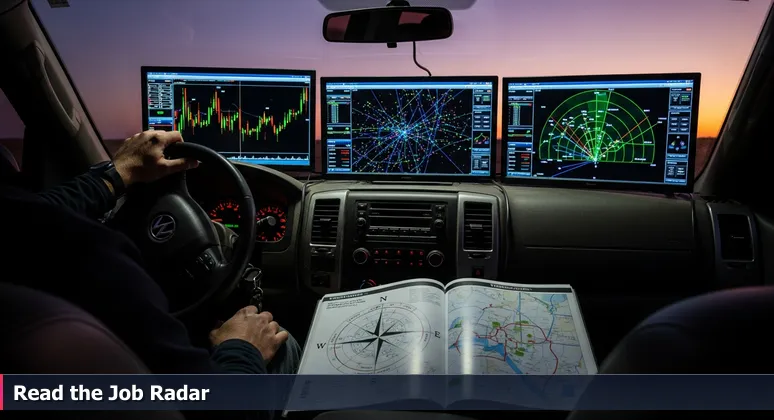 Storm chaser's dashboard in Oklahoma showing radar screens with cybersecurity job sector data: finance, energy, and defense.