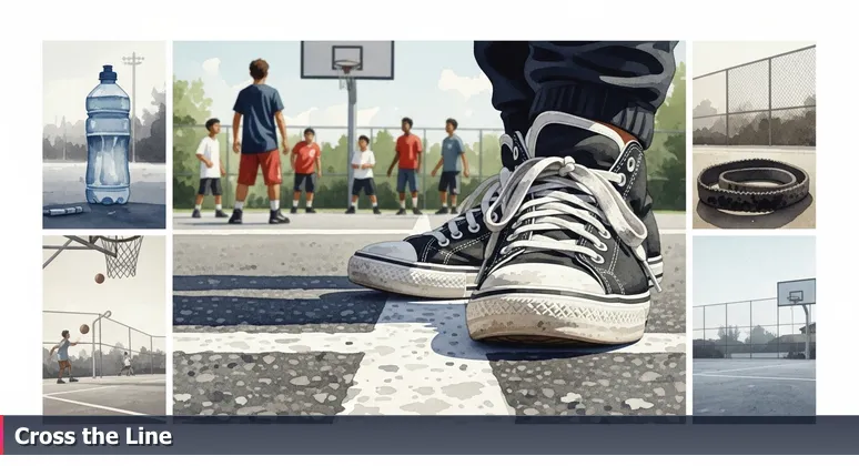 Close-up of worn sneakers paused at the painted line of a basketball court, representing hesitation before joining free tech training in Oklahoma City.
