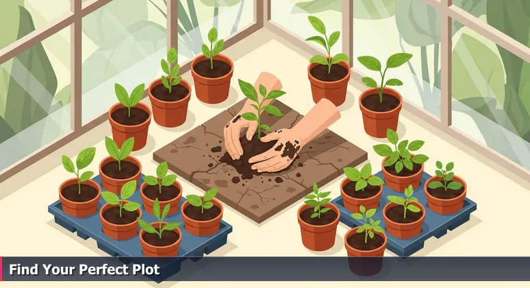 A gardener's soil-stained hands lifting a wilted seedling from dry, cracked soil, with a thriving greenhouse visible in the background, symbolizing the need for the right workspace in tech.