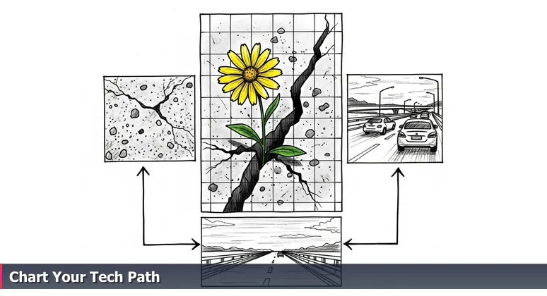 A vibrant wildflower growing from a crack in the old I-40 bridge pavement in Oklahoma City, with the new bypass in the background, symbolizing alternative tech career paths.