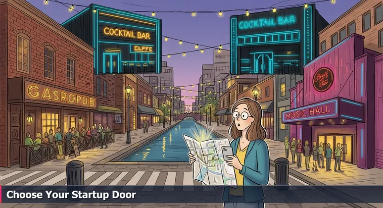 A young professional standing at Oklahoma City's Bricktown Canal, holding a map and phone, contemplating which startup door to enter for a tech career