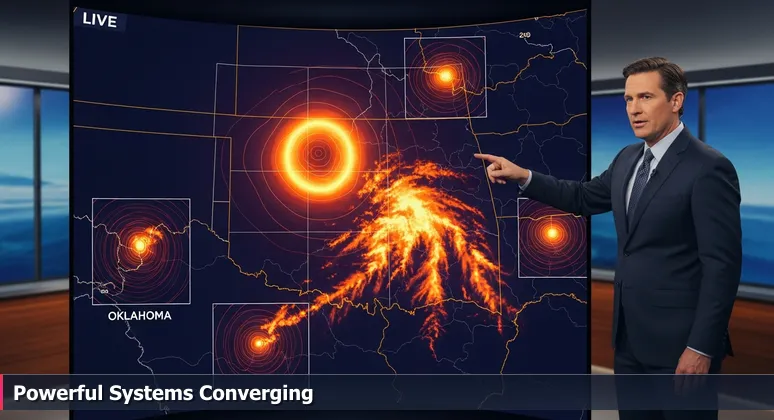 A meteorologist points at a radar screen with connected storm cells over Oklahoma, symbolizing the interconnected women in tech support groups in Oklahoma City.