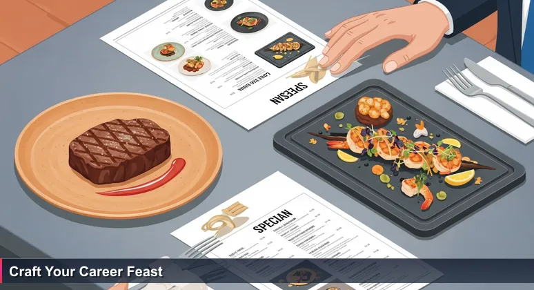 A hand hovering over a restaurant menu with a steak and seafood dish, symbolizing the choice between high-paying tech careers in Tampa, Florida.