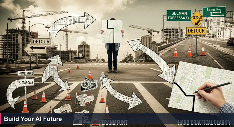 A person at Kennedy Blvd and Ashley Dr in Tampa holding a roadmap, facing construction cranes and detours, symbolizing the journey to AI engineering.
