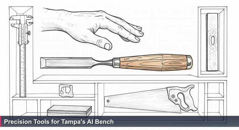 A craftsman's workbench in Tampa with specialized AI-themed tools arranged neatly, symbolizing precision and innovation.