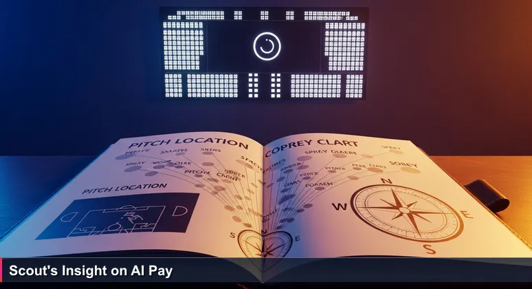 A scout's notebook open with baseball analytics diagrams like spray charts and pitch locations, set against a blurred stadium scoreboard showing a .300 batting average, symbolizing deep analysis of AI salary data in Tampa.