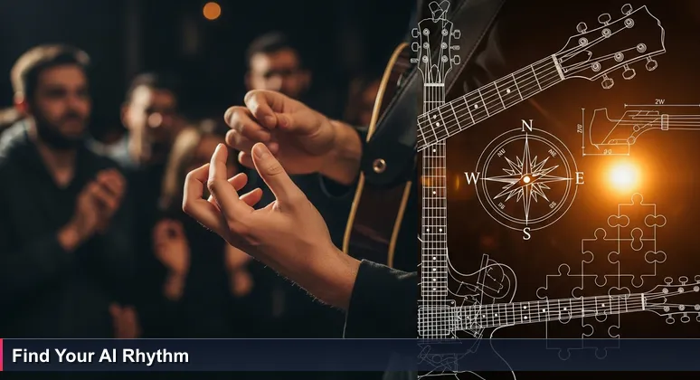 Close-up of a musician's hands hesitating on a guitar during a live jam, symbolizing the leap into Tampa's AI community networking.