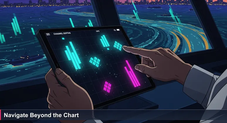 A captain's hands using a digital chart to view Tampa Bay through a ship's window, symbolizing career navigation for AI engineers.