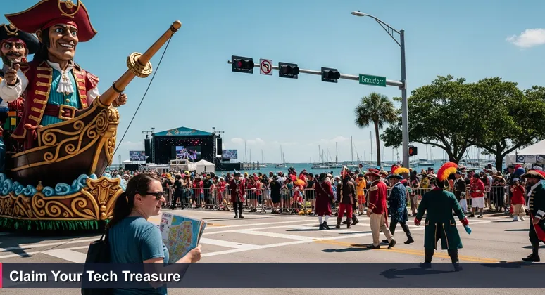 A young professional at Tampa's Gasparilla Pirate Festival, holding a festival map amidst colorful floats and crowds, symbolizing the navigation of tech career opportunities in 2026.