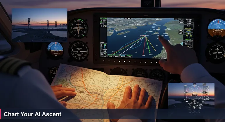 A pilot's hands pointing to a GPS screen displaying Tampa Bay, with a paper aeronautical chart showing local landmarks, symbolizing navigation through AI bootcamp choices.