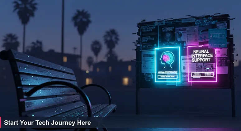 An empty park bench in a Tampa park at dawn, with a community bulletin board showing flyers for free tech help sessions at the library.