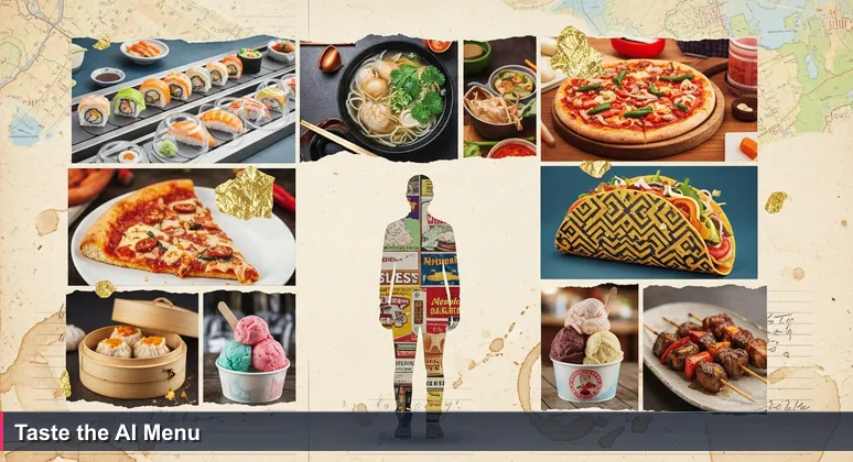 A person stands in a vibrant food court with stalls representing Tampa's AI industries: healthcare, finance, logistics, and more, symbolizing diverse career choices.