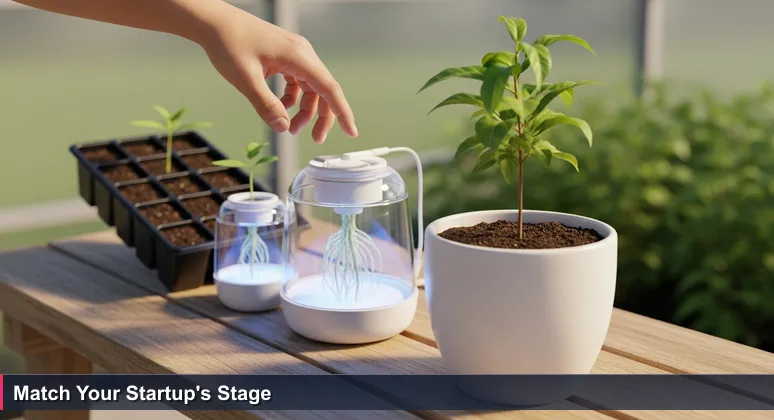 Close-up of hands hovering over three plant starters: a seed tray, a hydroponic pod, and a sapling in a pot, representing startup growth stages in Tampa.