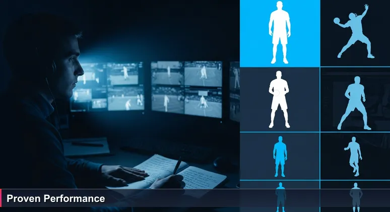 A sports scout in a dimly lit room analyzing game footage on glowing screens, symbolizing Tampa employers evaluating tech talent on skills and certifications over academic degrees.