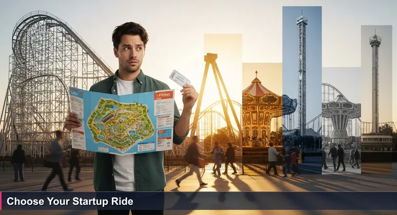 A junior developer at an amusement park entrance, holding a ticket and looking at a colorful map of Tampa's 2026 tech startup rides, with blurry figures in the background.